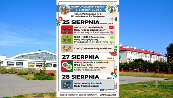 Infografika o harmonogramie pracy w sierpniu